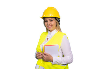 Energetic young woman engineer in a hard hat on-site