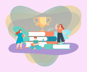 Successful tiny students with huge books and gold cup. Young people studying and reading books flat vector illustration. Education, achievement or success concept for banner or landing web page