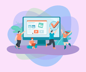 Tiny content creators with checkmark and huge computer screen. Creative business people adding information to website flat vector illustration. Content, marketing, creativity concept for banner