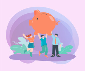 Tiny company people holding big piggybank. Office workers saving or investing money in project flat vector illustration. Finances, banking, savings concept for banner, website design or landing page