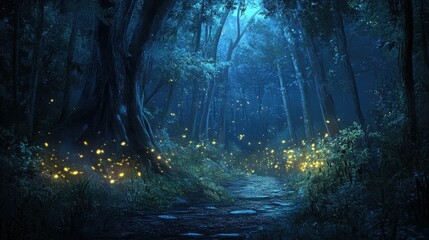 Enchanted Forest with Glow of Fireflies at Night