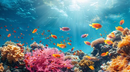 Naklejka premium A vibrant coral reef with colorful fish swimming.
