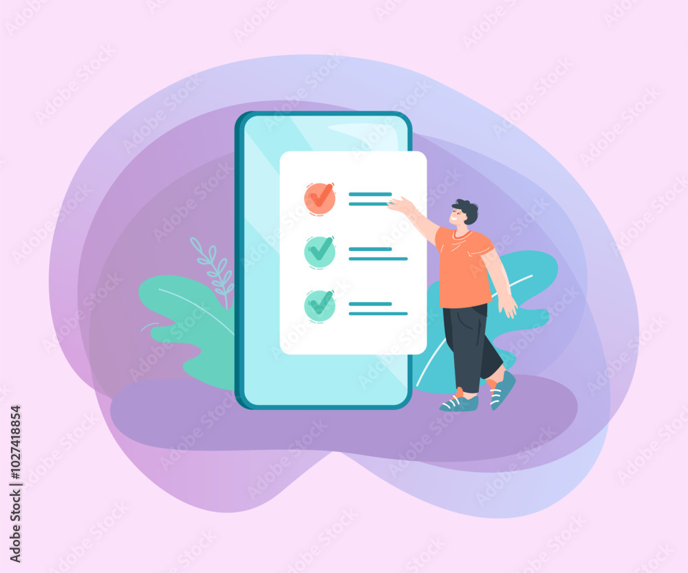 Poster tiny worker showing checklist on huge phone screen. man with list of tasks or requirements flat vect