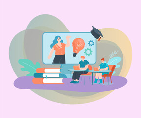 Tiny students with laptops and teacher on huge computer screen. Young people sitting at tables and watching lecture flat vector illustration. Online education, knowledge, technology concept for banner
