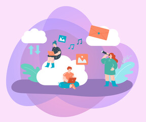 Tiny people sitting on clouds and sharing or downloading files. Man and woman sending e-mails, sharing music and photos flat vector illustration. Internet, network, multimedia concept for banner