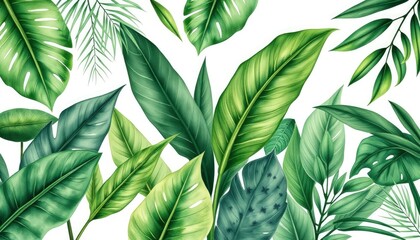 Tropical plants: green leaves on white background, watercolor illustration, jungle design AI Generate
