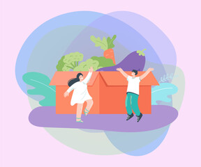 Tiny people near huge box of vegetables flat vector illustration. Fresh organic broccoli, eggplant and carrot. Nutrition, grocery, health concept for banner, website design or landing web page