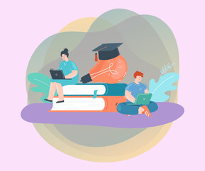 Tiny students with laptops with huge books and lightbulb. Cartoon man and woman studying online, graduation hat on bulb flat vector illustration. Education, knowledge, technology concept for banner