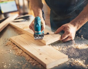 a man who is working in the process of making furniture.	
