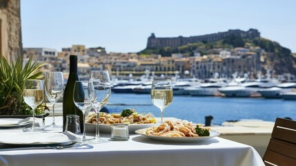 Fototapeta premium Scenic Dining by the Water with Gourmet Seafood