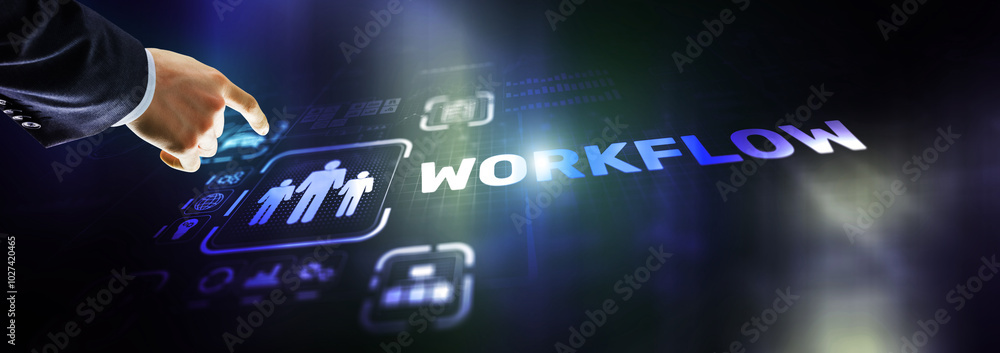 Poster workflow repeatability systematization business process. business technology internet
