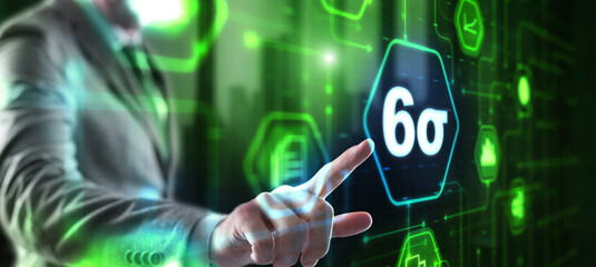 Business man pointing six sigma to control products quality process
