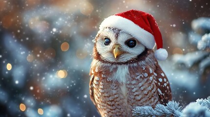 Obraz premium A cute owl wearing a Santa hat on the snow. generated ai 