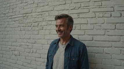 Fototapeta premium Middle-aged man smiles confidently while posing against a textured white brick wall in a casual setting