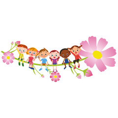 秋桜に座っている仲良し子供達