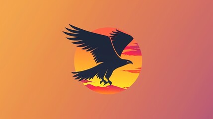 A silhouette of an eagle soaring against a sunset in a circle.