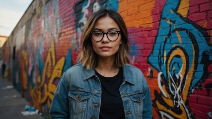 Naklejka premium A young woman with glasses standing confidently in front of a vibrant graffiti wall during late afternoon sunlight in an urban setting