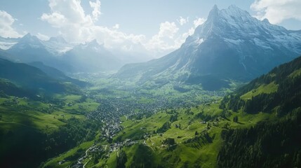 Scenic Mountain Landscape with Village and Green Valley