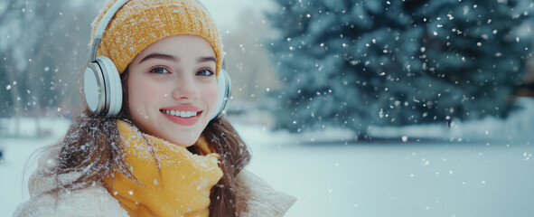 Happy woman in winter and headphones is smiling while walking outdoors on a snowy day