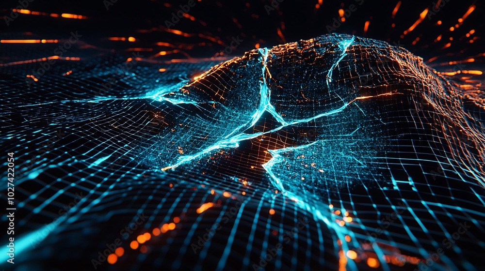 Poster Abstract 3D rendering of a futuristic landscape with glowing blue and orange lines on a dark background.
