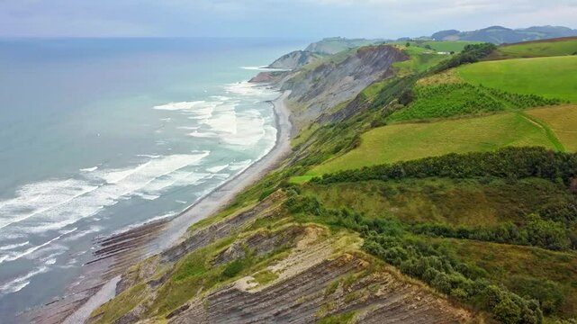 Aerial view of the Flysch Begiratokia is part of the basque coast. Deba, Gipuzkoa, Spain.