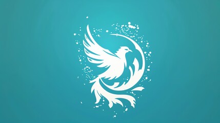 Obraz premium A white stylized bird, possibly a phoenix, is flying within a white circular shape on a blue background.