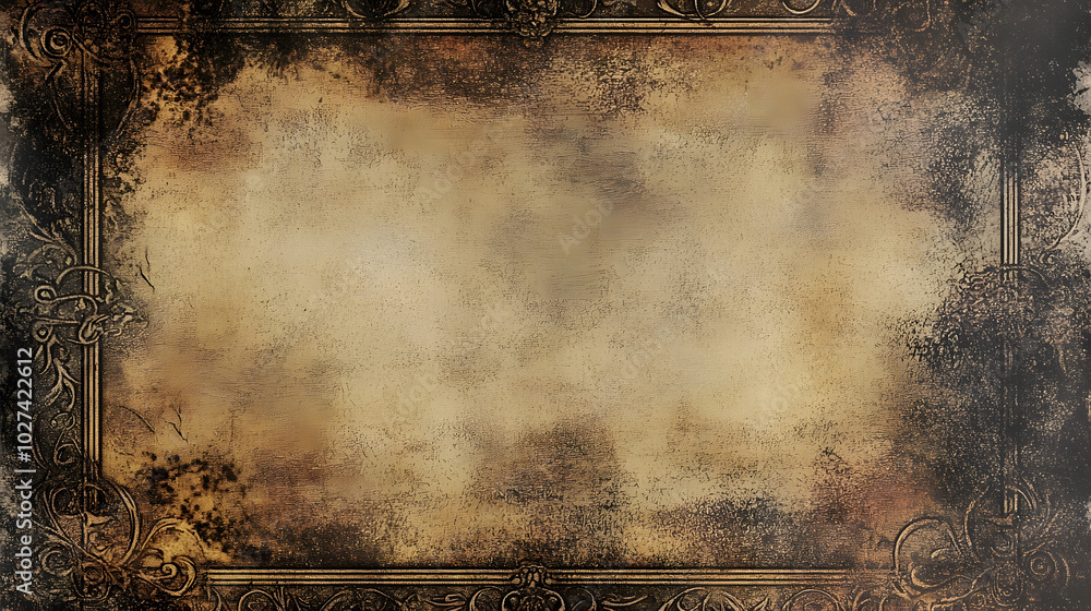 Poster ancient parchment texture rich sepia tones intricate filigree borders mysterious symbols and arcane 
