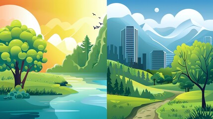 A cartoon illustration depicting two contrasting landscapes: a serene river scene with mountains in the distance on the left and a city park with a tall building in the distance on the right
