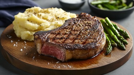 A juicy, grilled ribeye steak with mashed potatoes and asparagus on a wooden platter.
