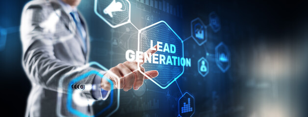 Man clicks on the inscription Lead Generation. Analysis Business Research Interest Concept