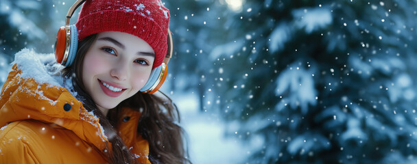 Happy woman in winter and headphones is smiling while walking outdoors on a snowy day