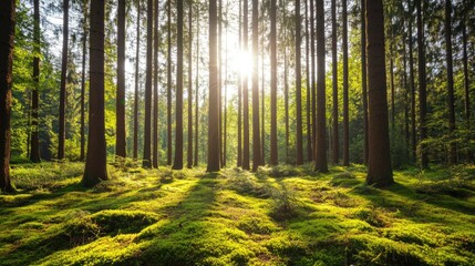 Obraz premium Sunlight Filtering Through Lush Green Forest Trees