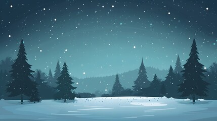Winter night landscape background with pine trees on a stormy winter night