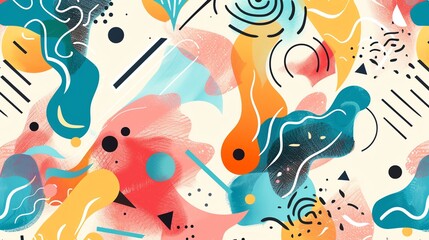 An abstract pattern with colorful shapes, lines, and dots.