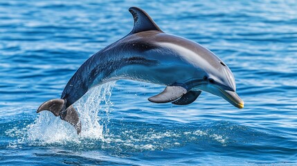 Naklejka premium A striped dolphin leaps out of the water, creating a spray of water.