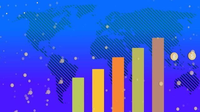 Business background with world map different currency coins raining bar column chart and blue purple gradient overly