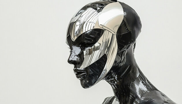 Capture people wearing futuristic, reflective or metallic clothing that looks like a second skin, blending fashion with high-tech, robotic aesthetics, suggesting a fusion of human and machine - Powered by Adobe
