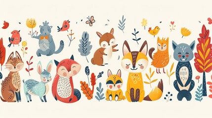 A collection of various cartoon forest animals with leaves and flowers.