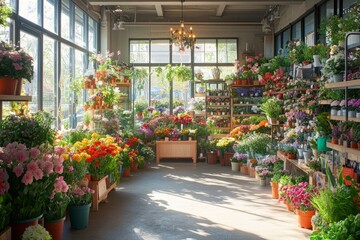 Bright and colorful flower shop interior filled with vibrant plants. A warm inviting space with natural light glimmering through windows. Perfect for nature lovers. Generative AI