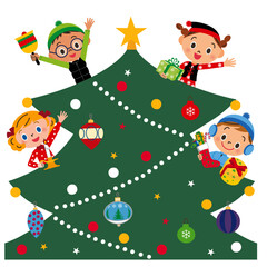 クリスマスツリーの周りで楽しんでいる子供達