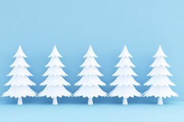 Fototapeta premium A row of five white artificial Christmas trees stands against a soft blue backdrop, adding a festive touch to the space