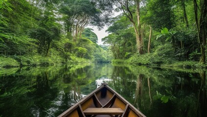 Sailing in a boat through the flooded forest	