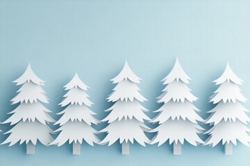 Obraz premium A beautifully arranged row of white paper trees creates a calm, festive atmosphere against a pastel blue backdrop