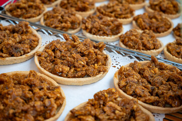 Walnuts tart cake form Perigord, Dordogne, fresh baked nuts cake on local farmers market in Saplat-du-Caneda, Perigord, France