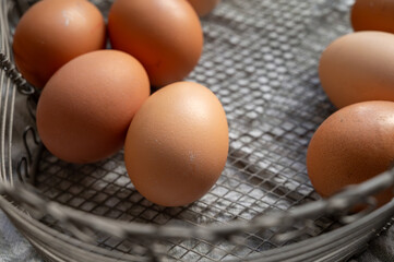 Organic brown chicken eggs from free-range organic farm in basket