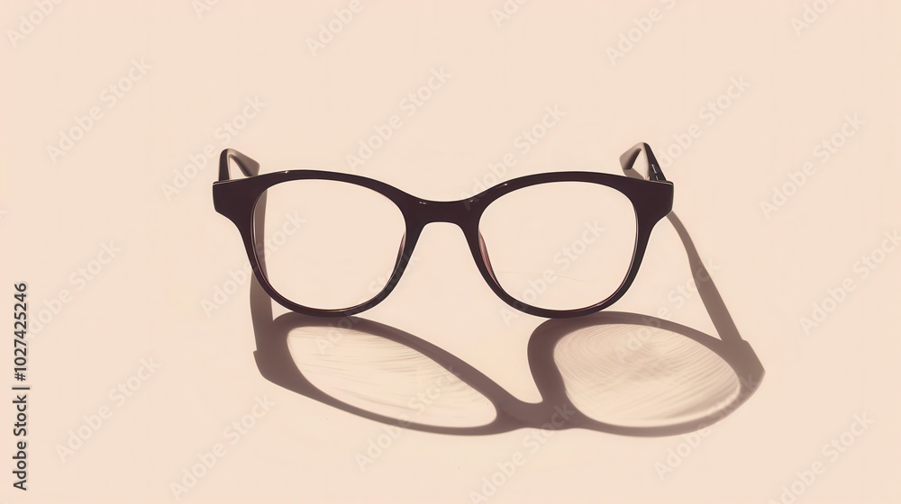 Leinwandbilder a pair of modern eyeglasses is placed on a smooth surface, casting a delicate shadow in the warm day
