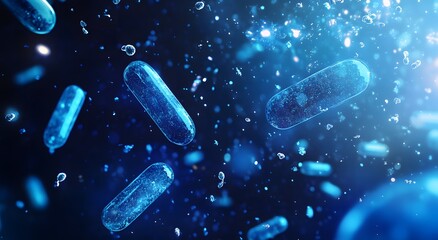 A pill suspended in air, surrounded by several small glowing particles, close-up from an overhead perspective, with many large bacteria floating next to it. Sparkling Effect
