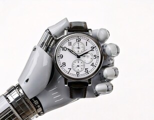 A sophisticated robotic hand is holding a classic analog clock,generative ai