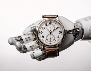 A sophisticated robotic hand is holding a classic analog clock,generative ai