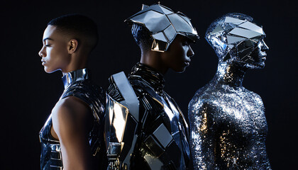 Capture people wearing futuristic, reflective or metallic clothing that looks like a second skin, blending fashion with high-tech, robotic aesthetics, suggesting a fusion of human and machine